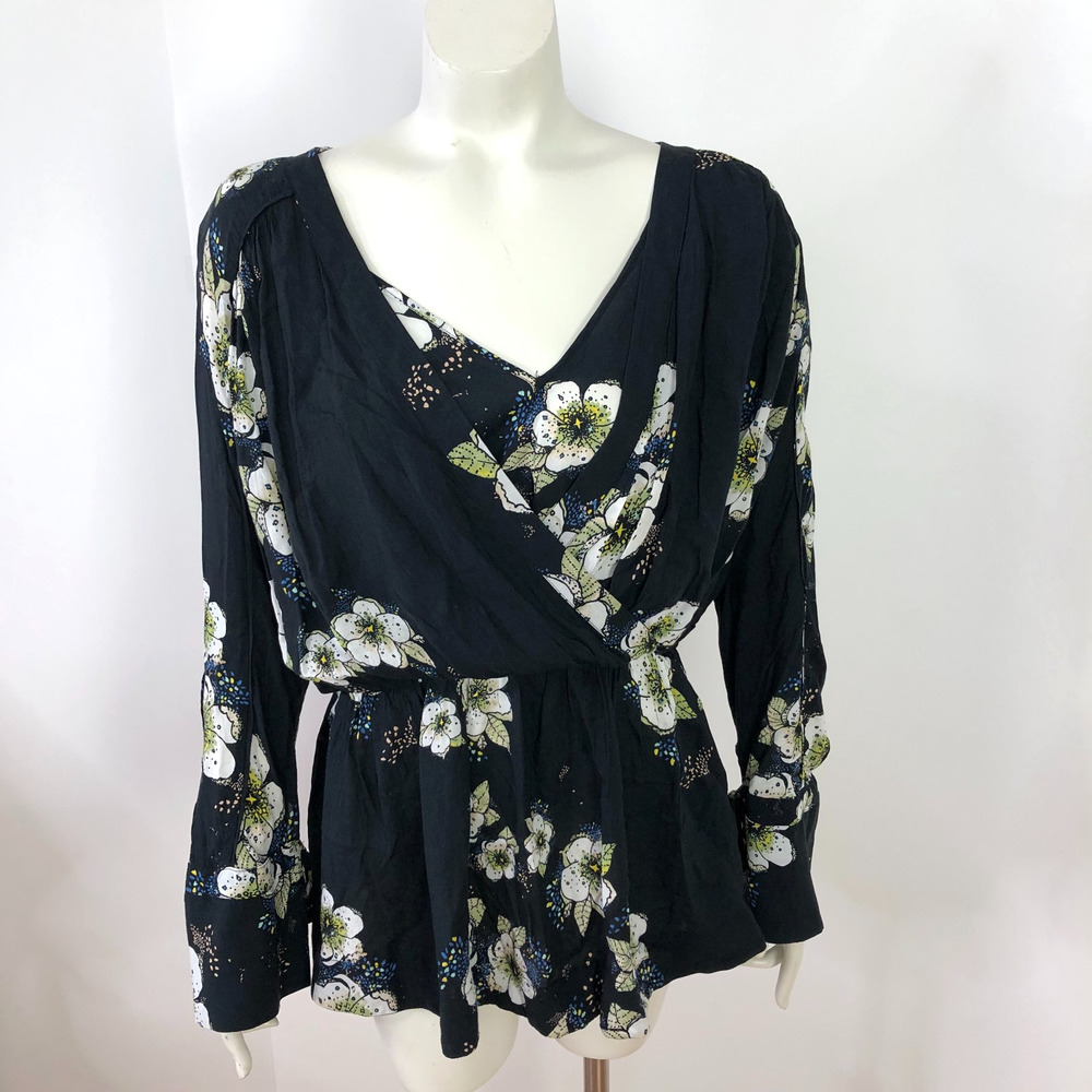 Free People Small Boho Flowy Pullover Faux Wrap Top Blouse Black Floral